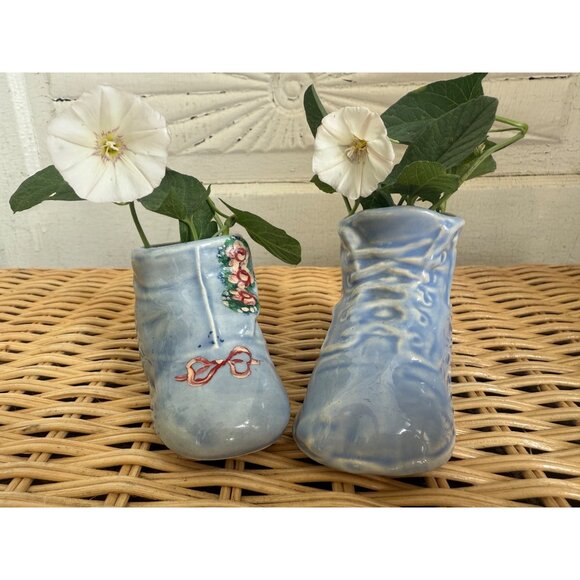Vintage 50's Blue Shoe Pair Planter Vases Hand Painted Roses - Picture 8 of 13